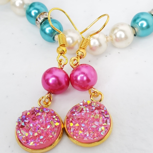 Bubble Gum Pink Druzy Czech Glass Pearls - Picture 5 of 5